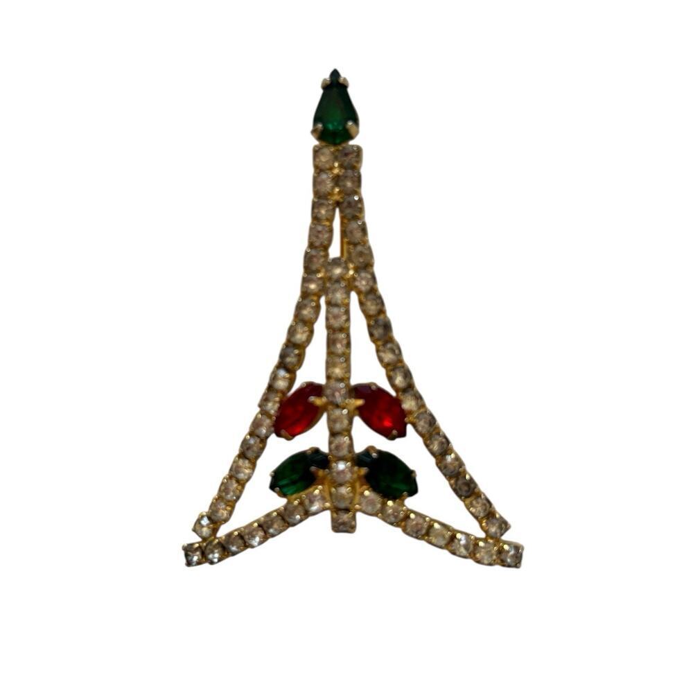 2.5" Vintage 1950s Rhinestone Christmas Tree Brooch Pin Gold tone